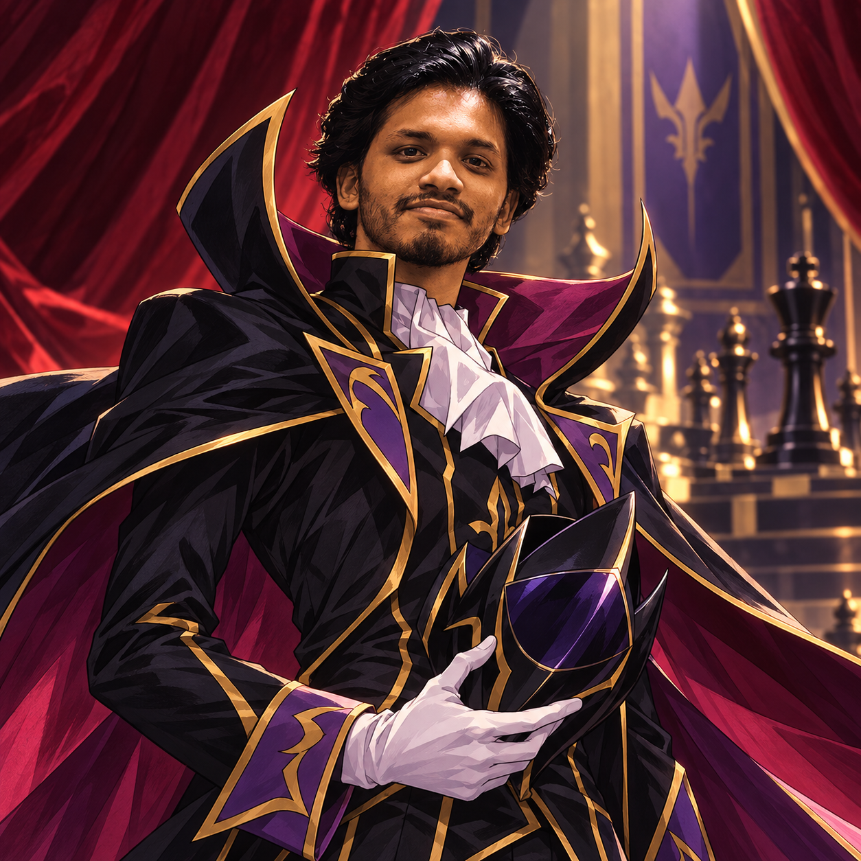 An illustrated Shihab in a Code Geass inspired outfit, holding Zero’s mask